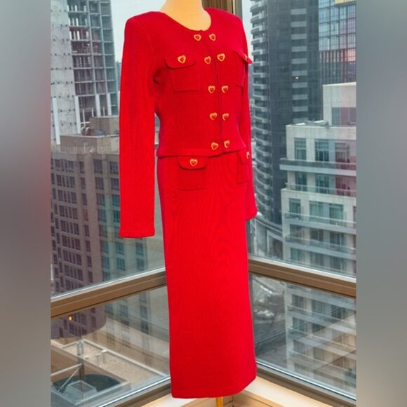 🆕 SELF-PORTRAIT 🧿 NWOT Red Knit Heart Buttoned Cardigan + Midi Skirt Set Sz M - Picture 3 of 15